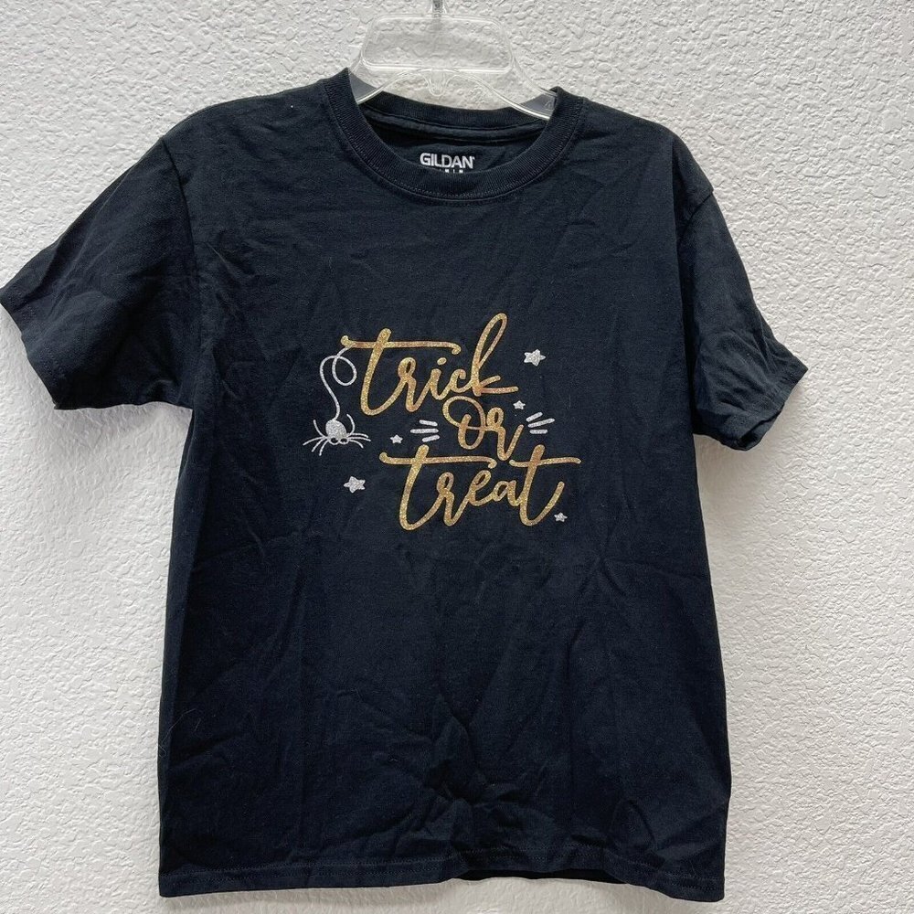 Trick Or Treat Girls Medium Golden Halloween T-shirt Gold Black Upcycled EUC